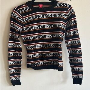 GUESS Black Crewneck Sweater with White and Red Stripes